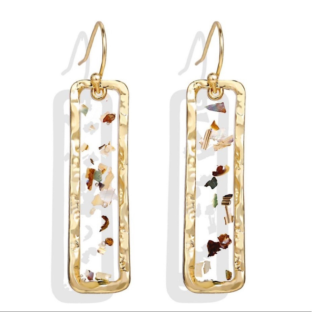 Gold Rectangle Glitter Speckle Clear Drop Earrings - Picture 2 of 4